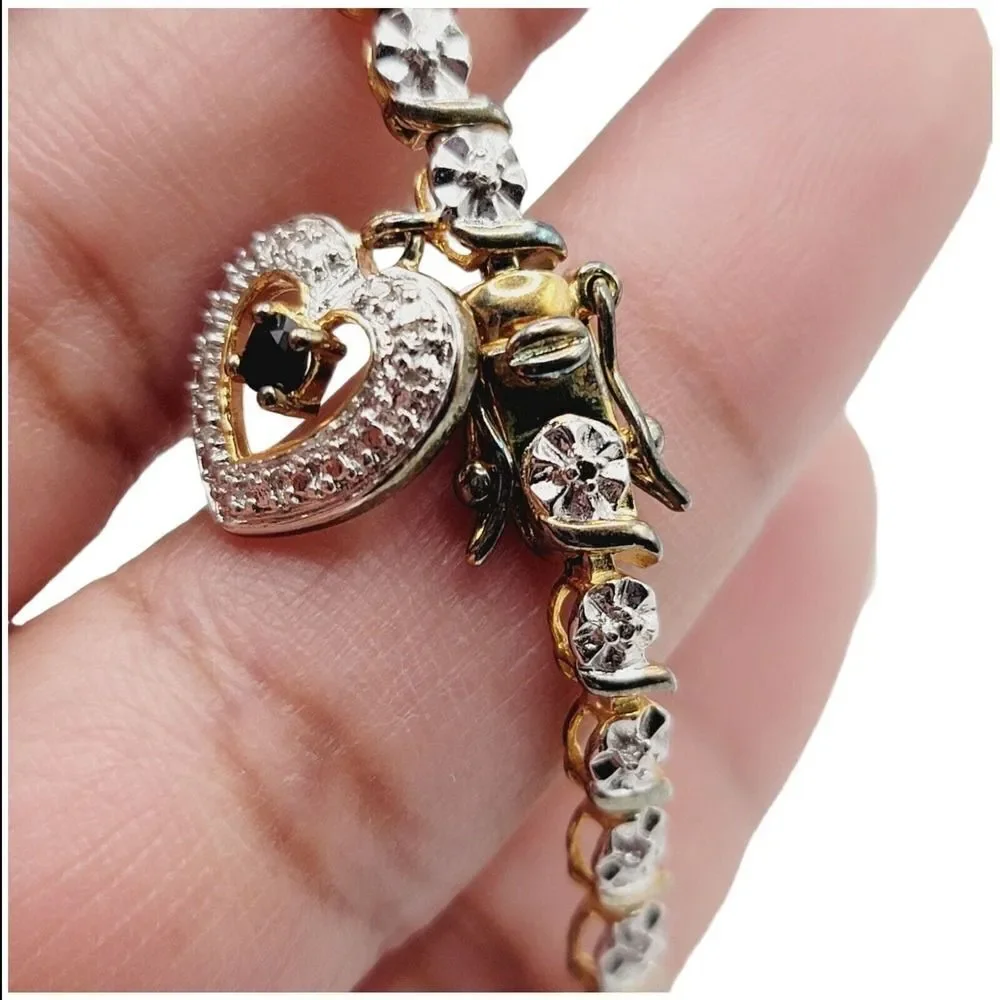 Sterling Silver Gold‎ Vermeil 925 Women’s Tennis Bracelet With Heart Charm 7